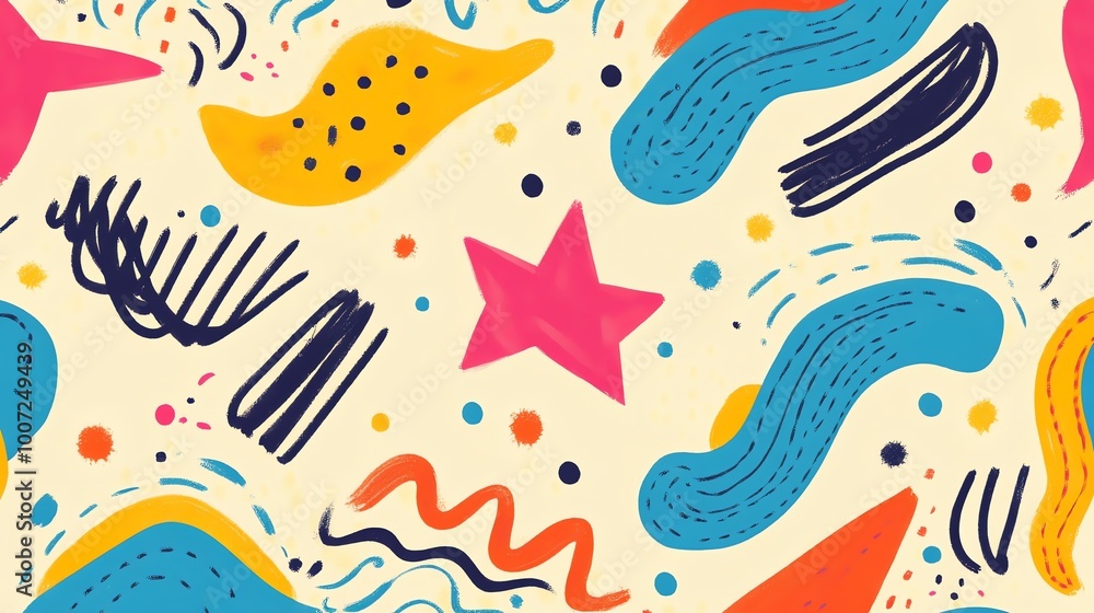 A vibrant and playful abstract pattern featuring a mix of colorful shapes, lines, and dots. A vibrant and playful abstract pattern featuring a mix of colorful shapes, lines, and dots.