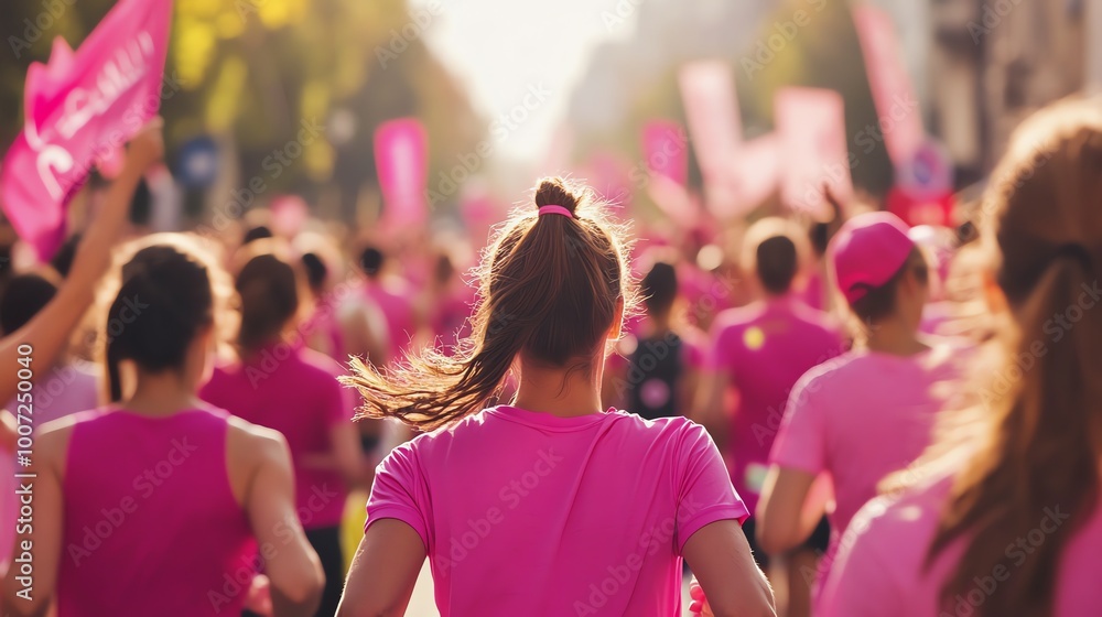 Fototapeta premium A young woman smiles as she runs in a pink race shirt, her hair flying behind her. She is determined to finish the race and is enjoying the challenge.