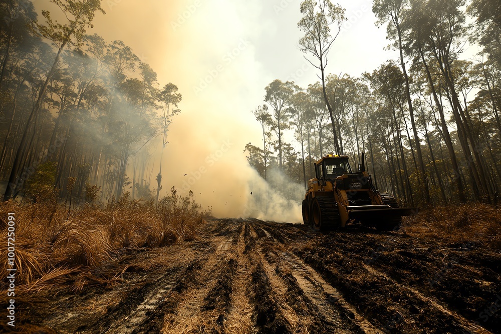 Fototapeta premium Bulldozer creating firebreak in forest to control wildfires, smoke and fire in background. Intense scene of nature and machinery combined.
