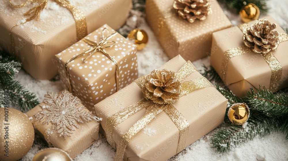 Christmas gift boxes in light beige colors close-up Christmas gift boxes in light beige colors close-up