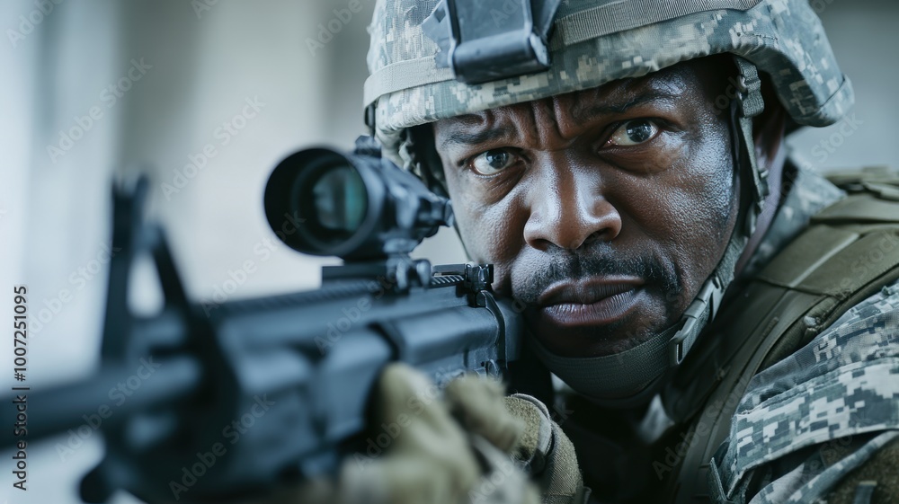 Close-up of a focused soldier aiming his rifle in an urban combat setting, ready for action and tactical operations. Close-up of a focused soldier aiming his rifle in an urban combat setting, ready for action and tactical operations.
