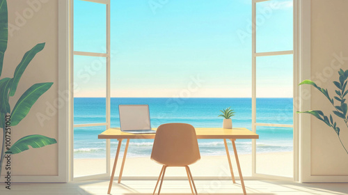Illustration of a work table in front of a bright window with light blue ocean view