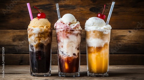 Three classic ice cream sodas with different flavors, topped with a cherry and a straw, on a rustic wooden background. A refreshing summer treat.