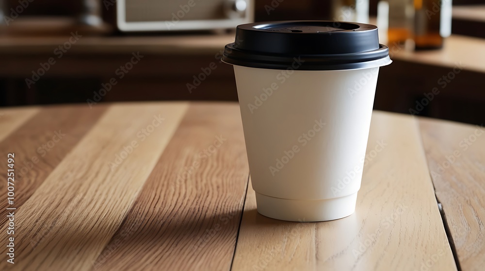 photograph featuring a single disposable coffee cup placed centrally on a wooden table with blurry background photograph featuring a single disposable coffee cup placed centrally on a wooden table with blurry background