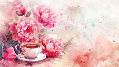 Fototapeta Naklejka Na Ścianę i Meble -  Delicate floral arrangement with pink peonies and a cup of tea on a soft watercolor background in springtime