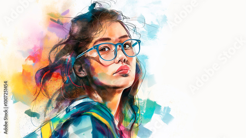 Portrait of a beautiful brunette student girl with glasses and long hair on an abstract watercolor background. The concept of education, college and school life. Generation Z.