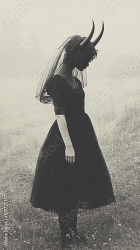 A woman in a black dress with horns on her head