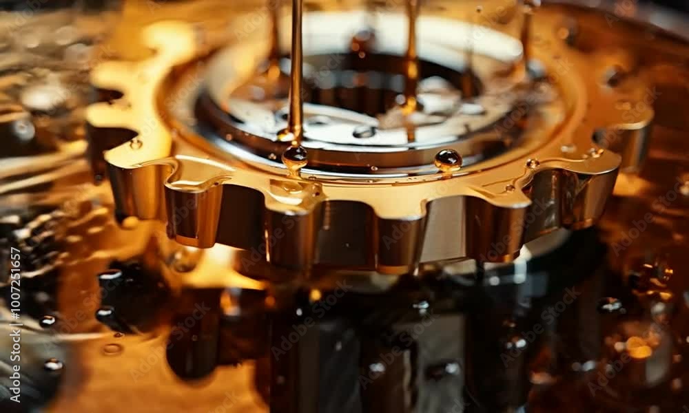 Salpicaduras de aceite.
Motor de automóvil con aceite lubricante. Concepto de lubricación de aceite de motor y engranajes.