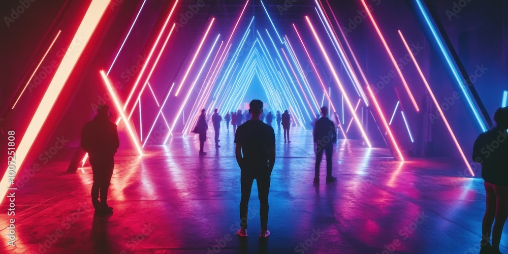 people walking through a tunnel with neon lights people walking through a tunnel with neon lights