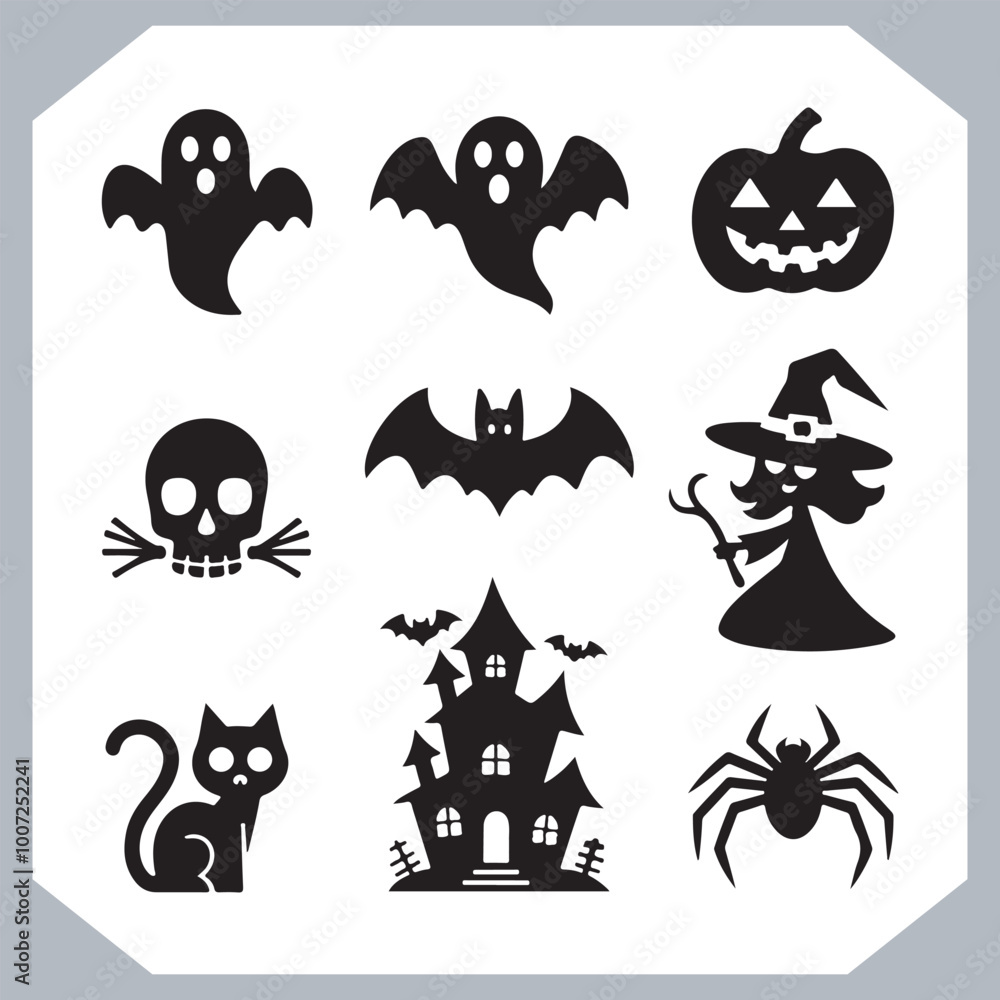 Fototapeta premium Set of logotype different type of black simple Halloween vector illustration silhouettes in white background, collection of Halloween silhouettes