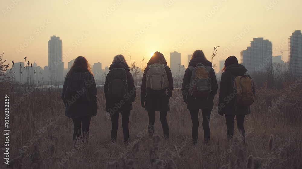a group of female friends exploring nature with a sense of adventure, friendship, and freedom, away from the city