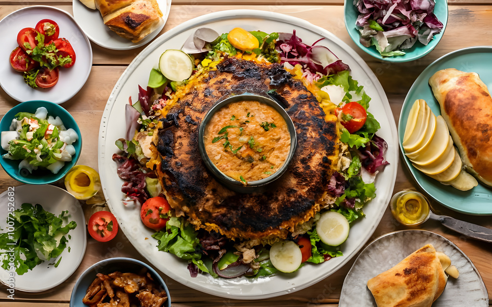 A beautifully set table with a large serving of kabsa, surrounded by colorful salads and freshly baked bread.
A beautifully set table with a large serving of kabsa, surrounded by colorful salads and freshly baked bread.