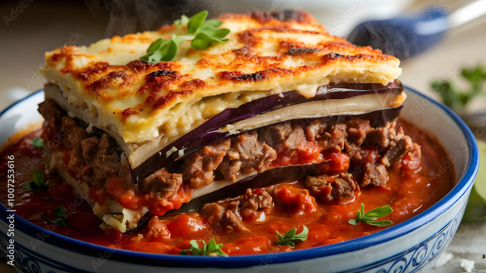 A close-up shot of a steaming bowl of moussaka, with layers of eggplant, spiced lamb, and a rich tomato sauce.
A close-up shot of a steaming bowl of moussaka, with layers of eggplant, spiced lamb, and a rich tomato sauce.