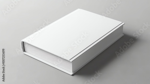 A blank white book lies closed on a light gray surface. The book is in focus, while the background is slightly blurred.