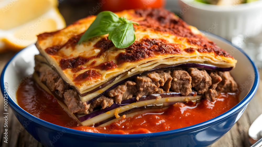 A close-up shot of a steaming bowl of moussaka, with layers of eggplant, spiced lamb, and a rich tomato sauce.
A close-up shot of a steaming bowl of moussaka, with layers of eggplant, spiced lamb, and a rich tomato sauce.