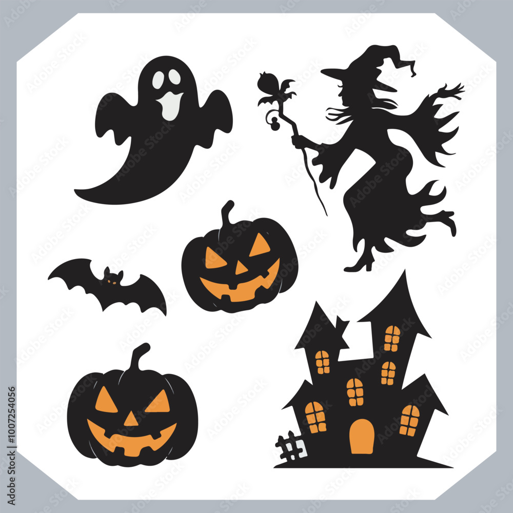 Obraz premium Set of logotype different type of black simple Halloween vector illustration silhouettes in white background, collection of Halloween silhouettes