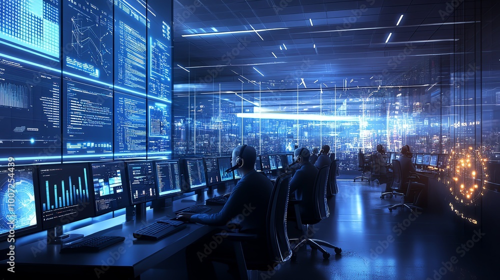 Fototapeta premium A team of IT professionals work diligently in a modern office, surrounded by glowing computer screens displaying complex data.