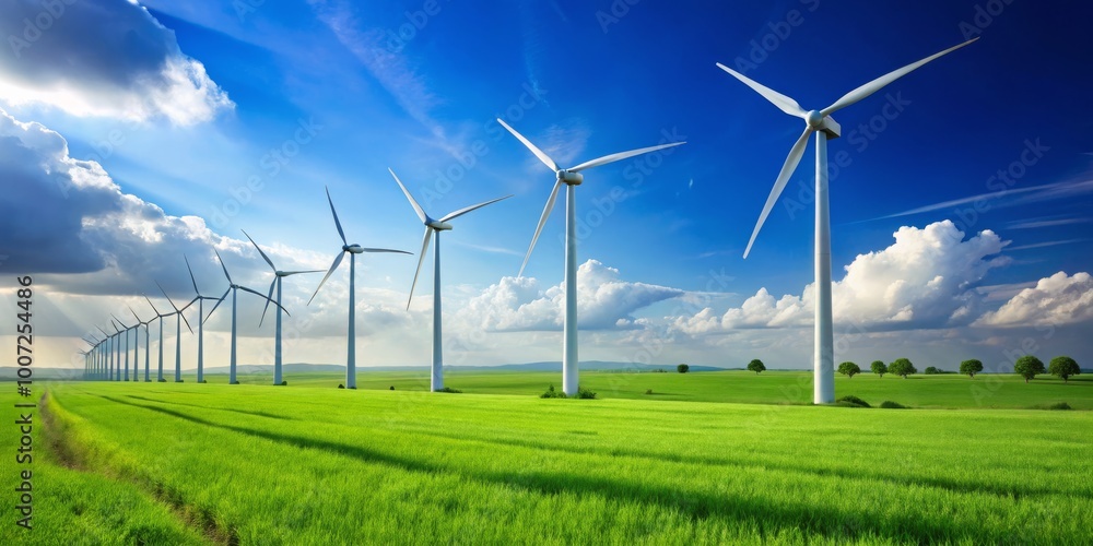 A Line of Wind Turbines in a Green Field Under a Blue Sky, Windmill, Green Energy, Renewable Energy A Line of Wind Turbines in a Green Field Under a Blue Sky, Windmill, Green Energy, Renewable Energy