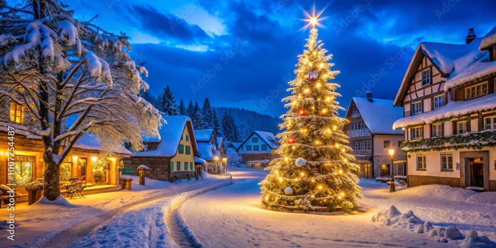 A Festive Christmas Tree in a Snowy Village, Christmas tree, snowy village, winter wonderland A Festive Christmas Tree in a Snowy Village, Christmas tree, snowy village, winter wonderland