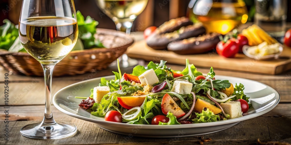 A Glass of Wine and a Fresh Salad on a Wooden Table, Food Photography, Delicious Salad, Wine Pairing, Summer Food, salad, wine A Glass of Wine and a Fresh Salad on a Wooden Table, Food Photography, Delicious Salad, Wine Pairing, Summer Food, salad, wine