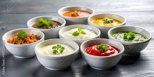 A Tabletop Arrangement of Various Dips in White Bowls, Dip, Condiment, Food