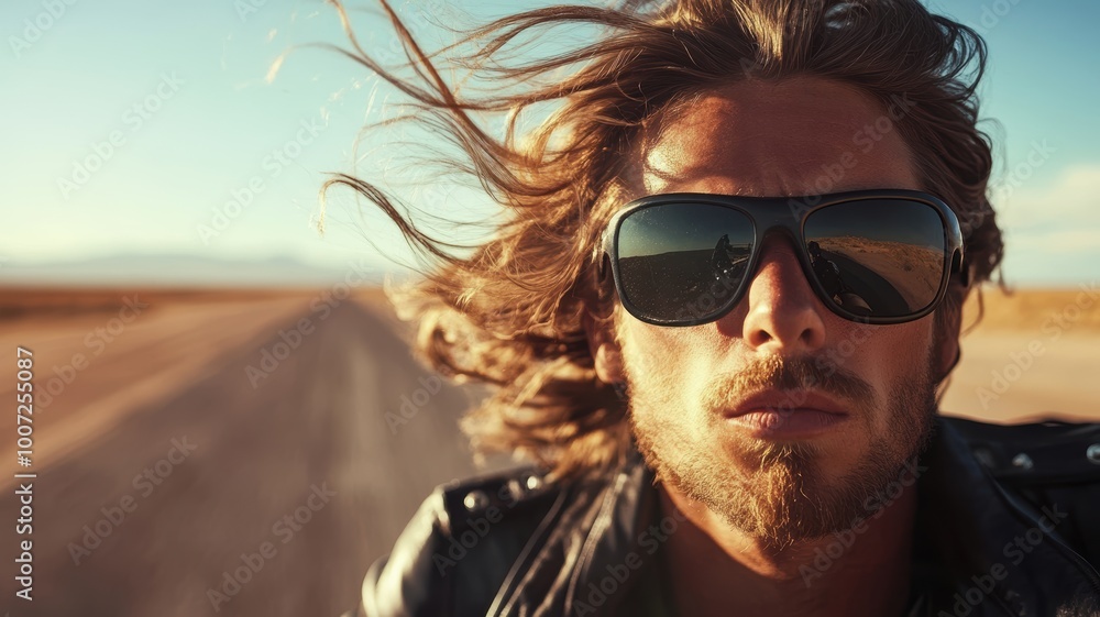 Close-up of a man wearing sunglasses riding a motorcycle on a desert highway, wind blowing through his hair on a sunny day. Close-up of a man wearing sunglasses riding a motorcycle on a desert highway, wind blowing through his hair on a sunny day.