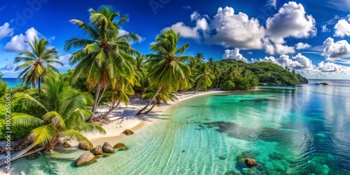 Aerial View of a Secluded Beach with Palm Trees and Clear Blue Water, Seychelles, tropical beach, island paradise , vacation destination