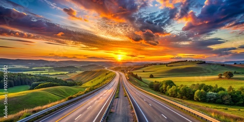 Aerial View of Highway Winding Through Rolling Hills at Sunset, Road Trip, Landscape, Countryside