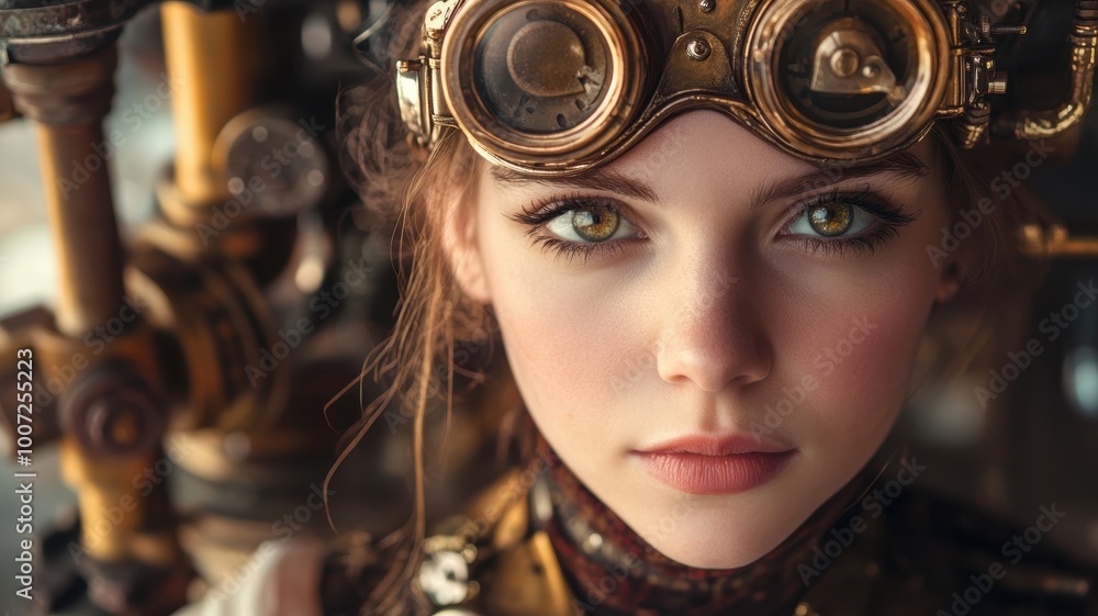 Close-up portrait of a woman in steampunk attire wearing brass goggles, with intricate machinery and gears in the background. Close-up portrait of a woman in steampunk attire wearing brass goggles, with intricate machinery and gears in the background.