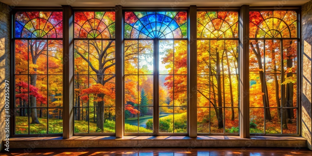 Autumnal View Through a Stained Glass Window, Fall Foliage , Stained Glass , Nature Scene Autumnal View Through a Stained Glass Window, Fall Foliage , Stained Glass , Nature Scene