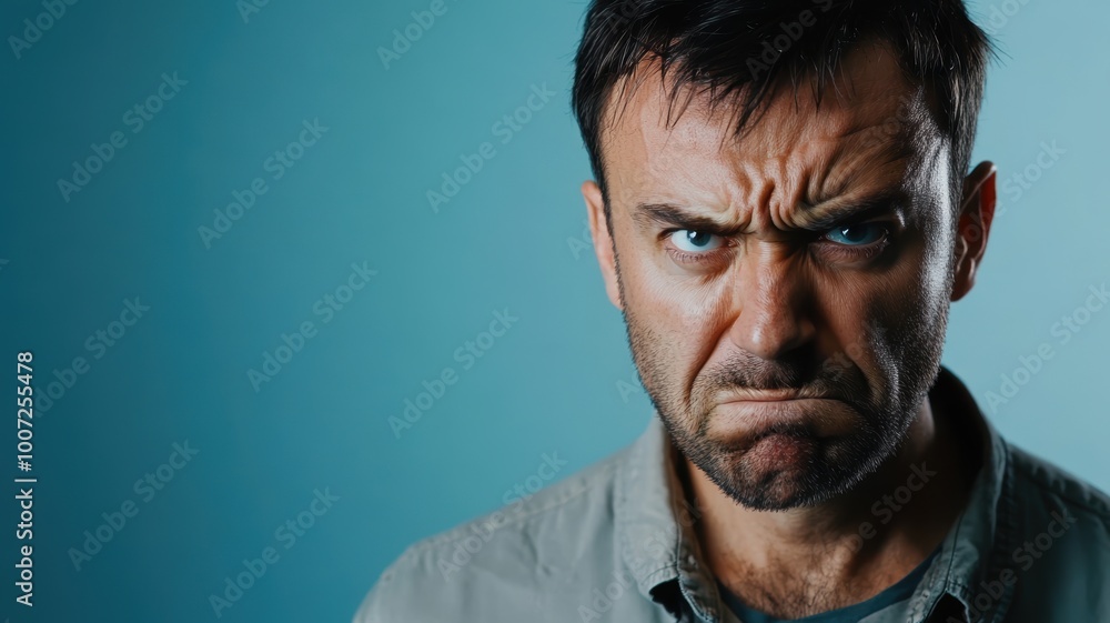 Close-up portrait of an angry man with a furrowed brow and intense expression, glaring directly at the camera against a plain background. Close-up portrait of an angry man with a furrowed brow and intense expression, glaring directly at the camera against a plain background.