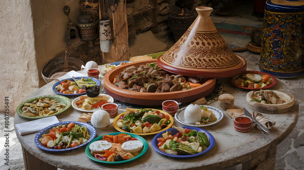 Fototapeta premium A rustic table set with a large tagine, filled with spiced lamb and vegetables, surrounded by colorful plates of mezze. 