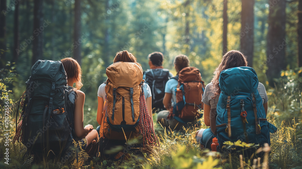 a group of young friends exploring and having an adventure in nature, specifically in a forest, while embracing a traveler lifestyle and sustainable tourism