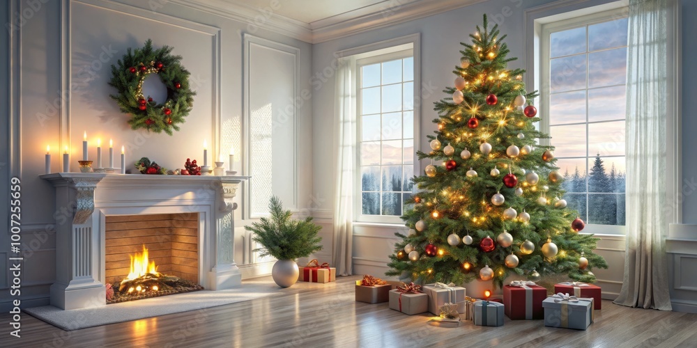 Christmas Tree in a Cozy Living Room with Fireplace and Windows, Christmas Tree, Fireplace, Cozy Room Christmas Tree in a Cozy Living Room with Fireplace and Windows, Christmas Tree, Fireplace, Cozy Room