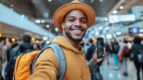 brunette man with a smartphone, wearing a yellow outfit and hat, smiling happily at the airport as he prepares for an adventurous flight