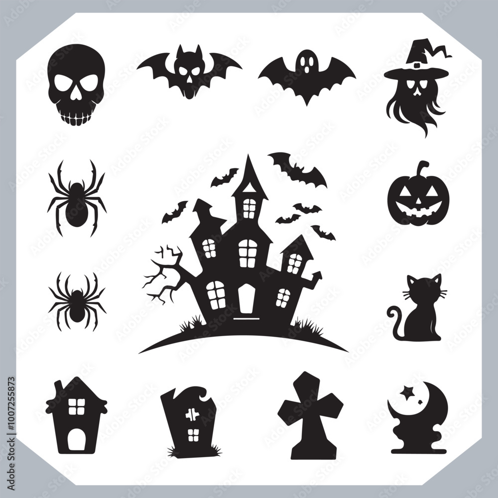 Obraz premium Set of logotype different type of black simple Halloween vector illustration silhouettes in white background, collection of Halloween silhouettes