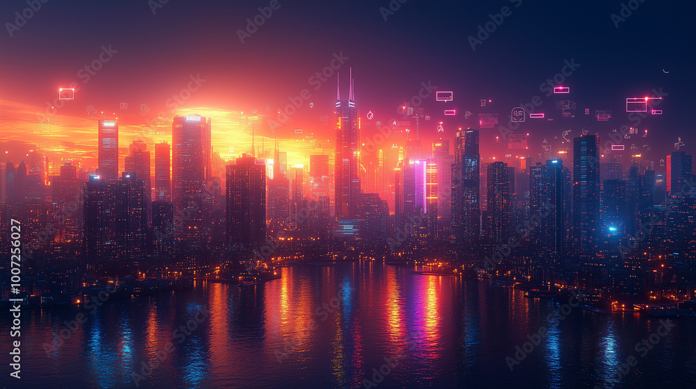 A bright and modern cityscape with floating icons representing competition in business. A bright and modern cityscape with floating icons representing competition in business.