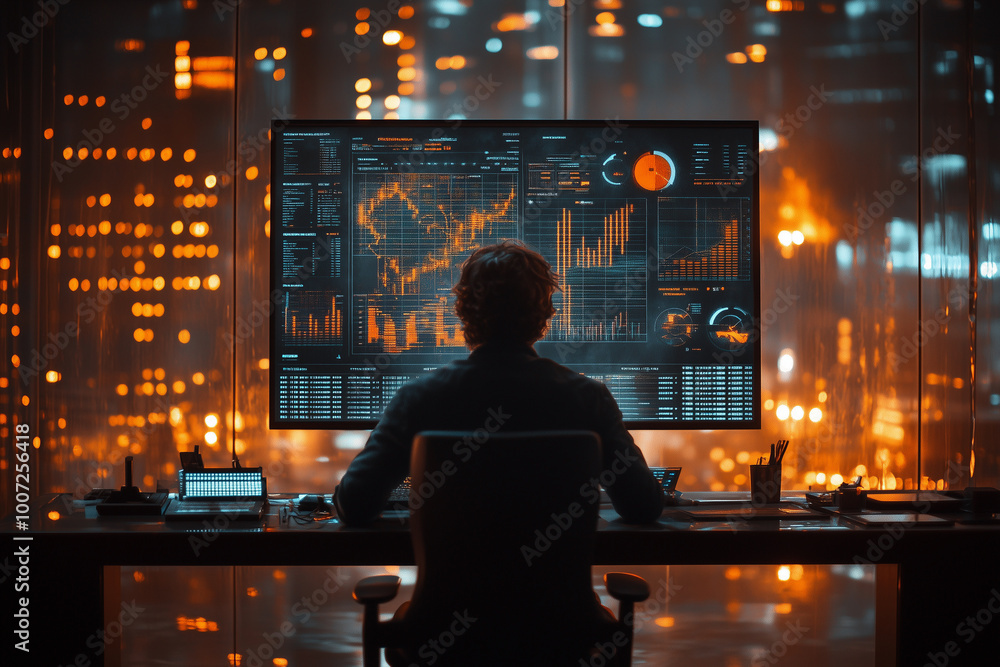 A financial analyst at a sleek desk, studying charts and graphs projected on a transparent screen. A financial analyst at a sleek desk, studying charts and graphs projected on a transparent screen.