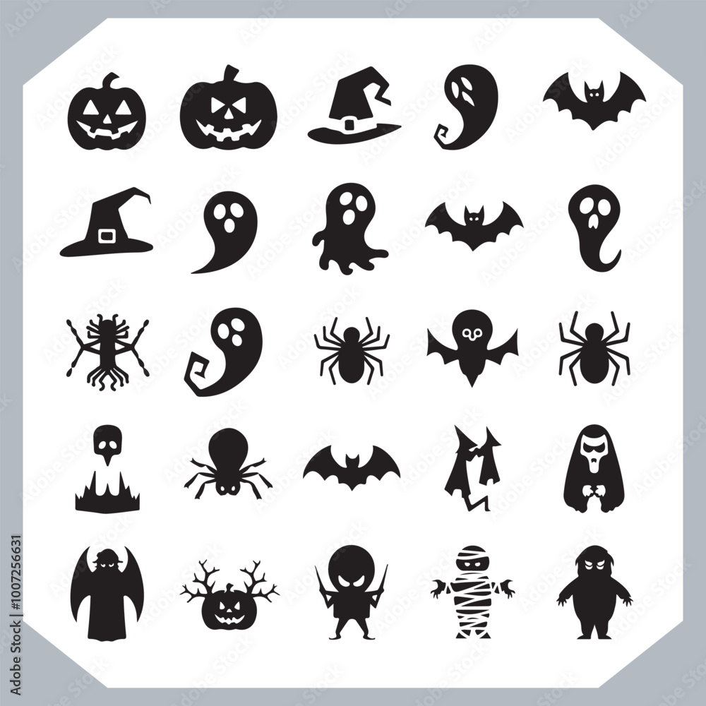Fototapeta premium Set of logotype different type of black simple Halloween vector illustration silhouettes in white background, collection of Halloween silhouettes