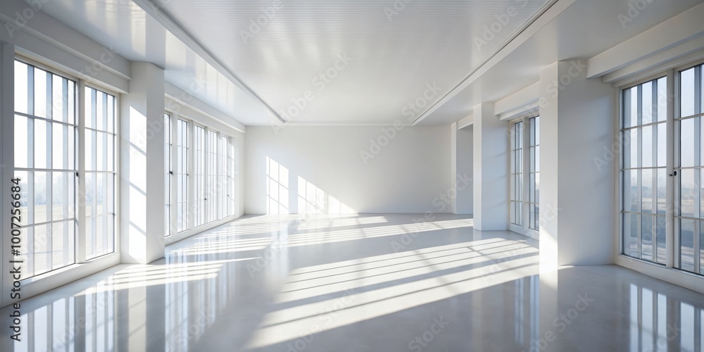Empty Room with Sunlight Streaming Through Windows, White Walls, Floor, White Ceiling, Minimalist, Interior Design, Sunbeams Empty Room with Sunlight Streaming Through Windows, White Walls, Floor, White Ceiling, Minimalist, Interior Design, Sunbeams