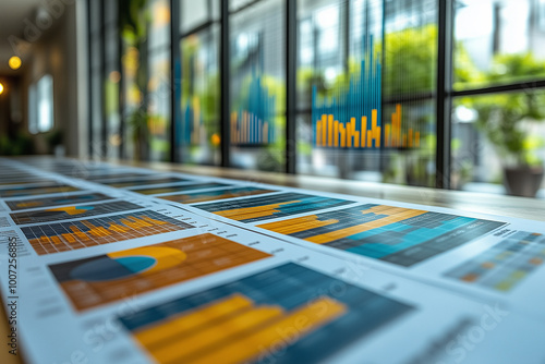 A set of minimalist financial charts on a clean white boardroom wall, illustrating key business metrics. photo