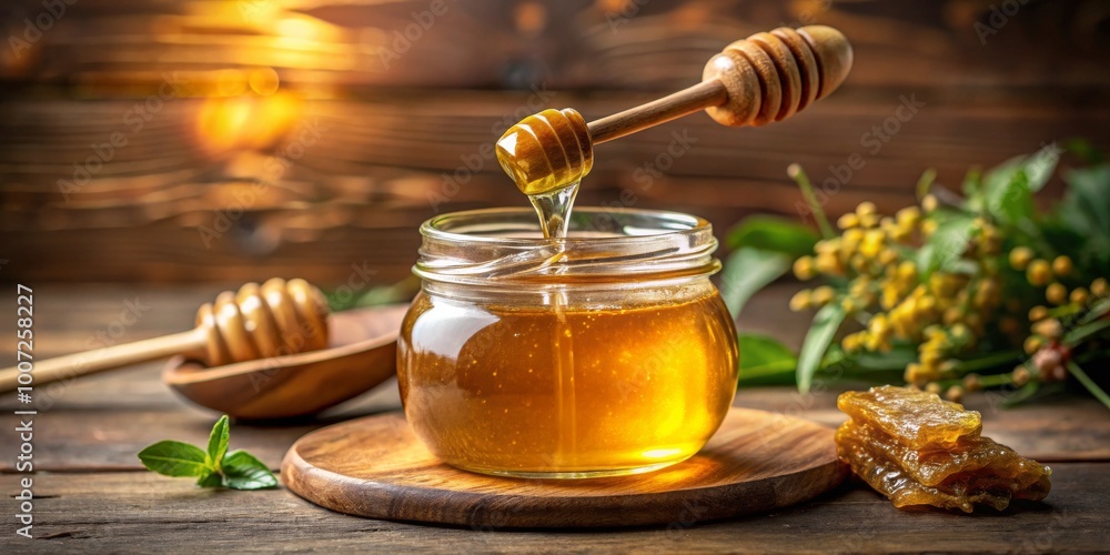 Golden Honey Drizzle in Glass Jar on Rustic Wood, Honeycomb, Nature, Sweetness, Honey Golden Honey Drizzle in Glass Jar on Rustic Wood, Honeycomb, Nature, Sweetness, Honey
