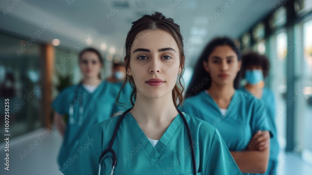 Group of young nurses standing confidently in hospital hallway Group of young nurses standing confidently in hospital hallway