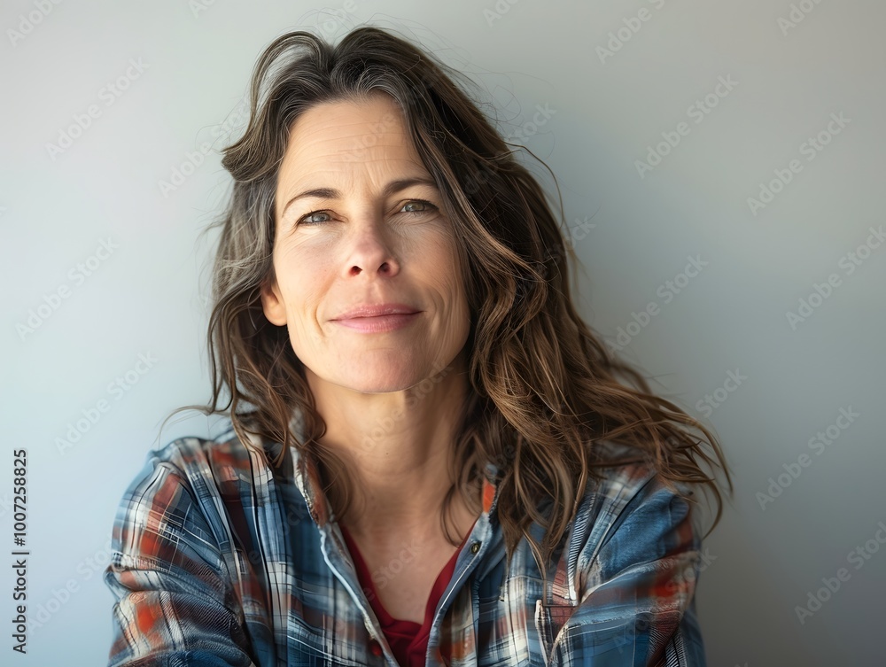 Portrait of a content woman in her 40s wearing a comfy flannel shirt black background Portrait of a content woman in her 40s wearing a comfy flannel shirt black background