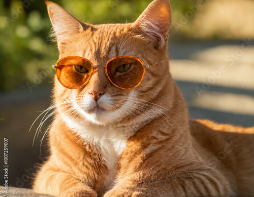 Portrait photo of an orange cat wearing sunglasses