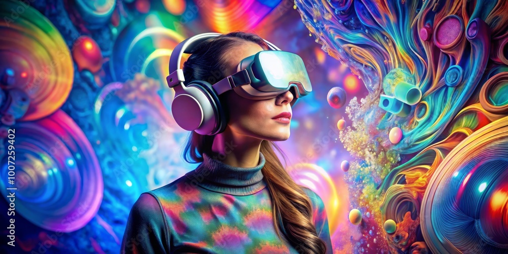 Immersed in a Digital Dream, a Woman Explores a Psychedelic World of Virtual Reality, VR, Metaverse, Psychedelic Immersed in a Digital Dream, a Woman Explores a Psychedelic World of Virtual Reality, VR, Metaverse, Psychedelic