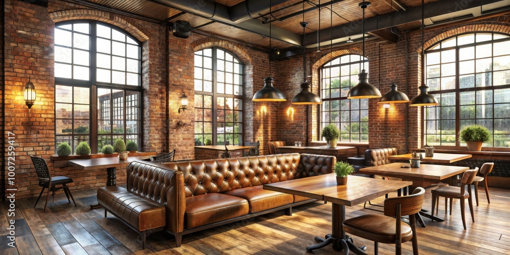 Naklejka premium Industrial Chic Cafe Interior with Leather Sofa and Wooden Tables, cafe , interior design , industrial style