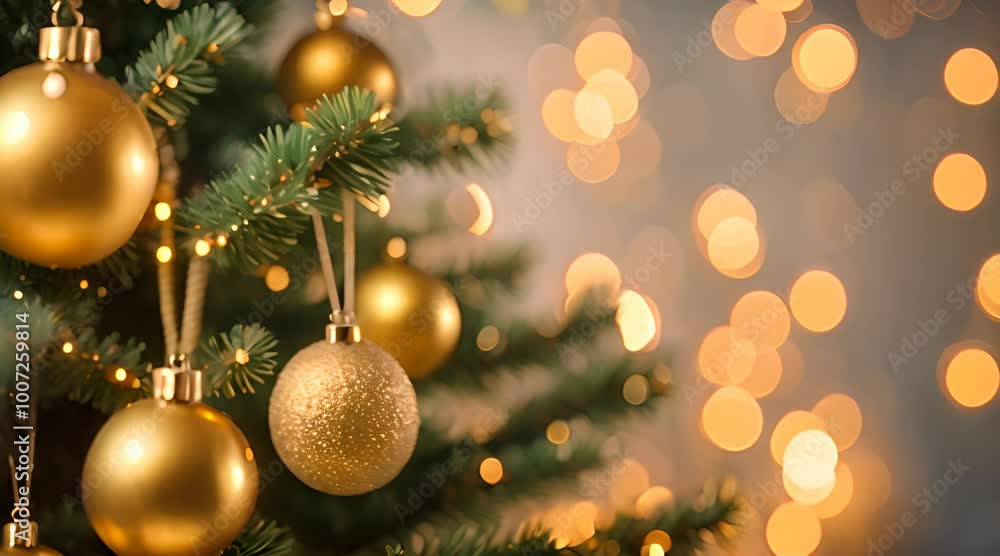 A Christmas tree adorned with golden baubles, soft-focus lights create a warm, festive background suggesting holiday season celebration. A Christmas tree adorned with golden baubles, soft-focus lights create a warm, festive background suggesting holiday season celebration.