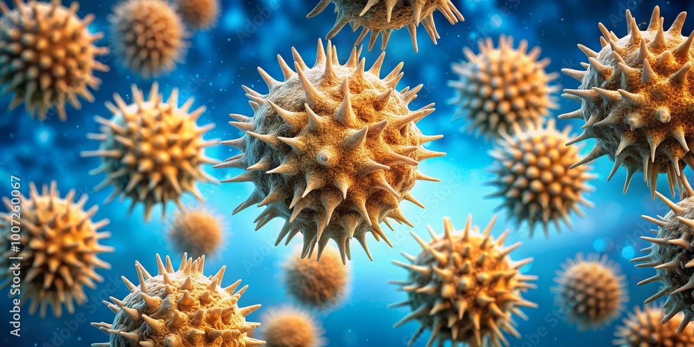 Microscopic View of Pollen Grains in a Blue Background, 3D rendering, pollen, allergy, microscope Microscopic View of Pollen Grains in a Blue Background, 3D rendering, pollen, allergy, microscope