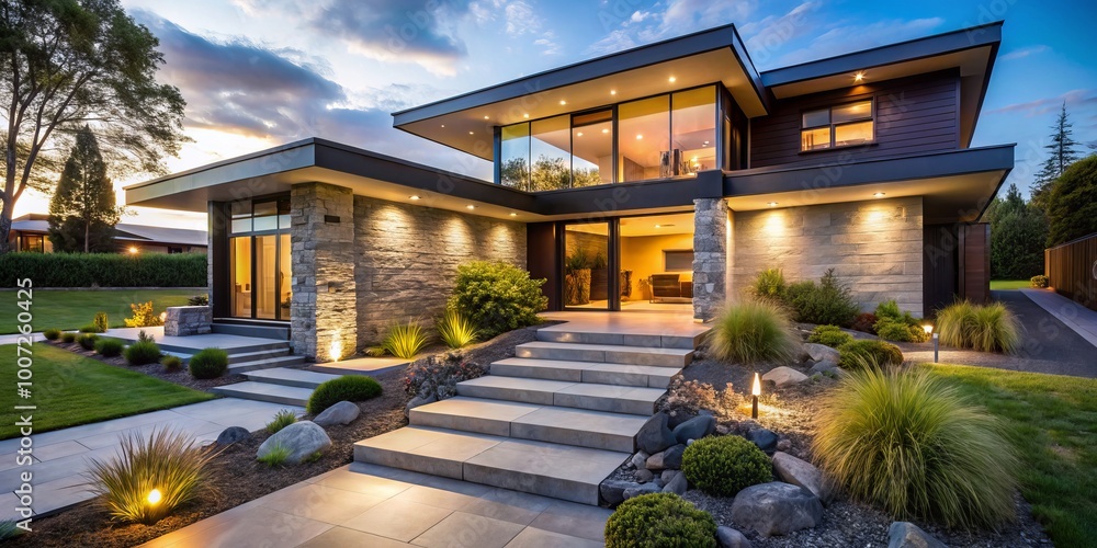 Fototapeta premium Modern Home Exterior with Stone Facade and Illuminated Path, Architecture , Landscape , Design